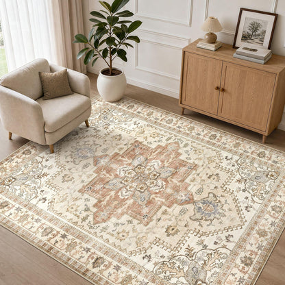 Tortania Area Rug 5x7 Living Room Rug Washable Soft Cream/Blue