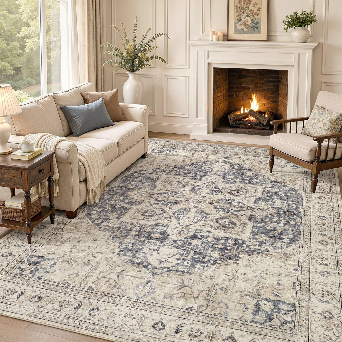 Tortania Area Rug 5x7 Living Room Rug Washable Soft Cream/Blue