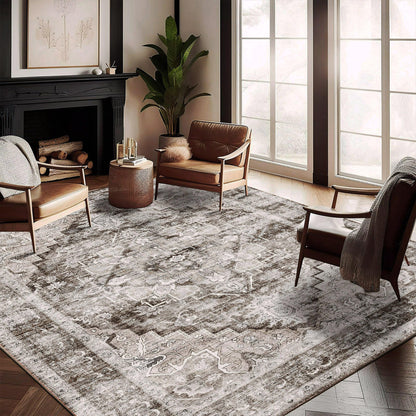 CHAMPLANT 6'x9' Washable Vintage Area Rug Boho Chic Medallion Distressed Design Non-Shedding Easy Care Ideal for High Traffic Areas in Living Room Bedroom Kitchen Office Large Carpet