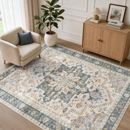 Tortania Area Rug 5x7 Living Room Rug Washable Soft Cream/Blue