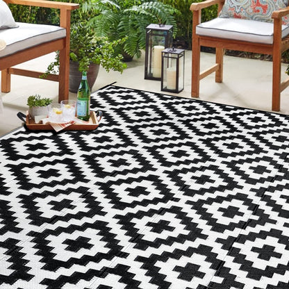 SAND MINE Waterproof Outdoor Rug 5x8 ft, Plastic Reversible Rug, Modern Area Rug, Large Floor Mat for Outdoors, RV, Patio, Backyard, Deck, Picnic, Beach, Camping, Black & Beige