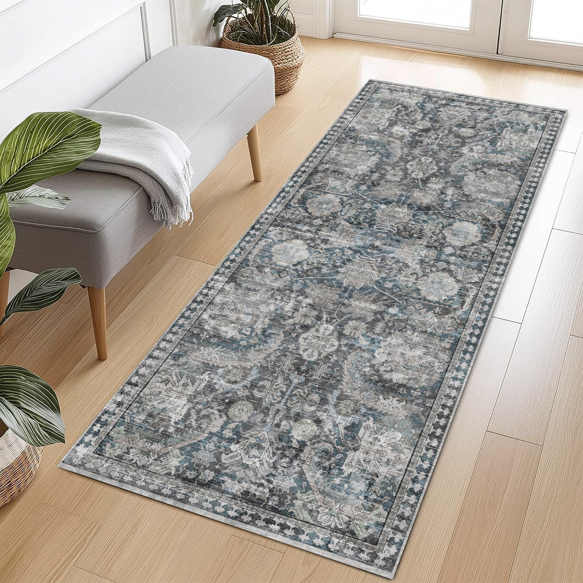 RUGSURE Washable Area Rugs - Perfect for Living Room, Bedroom, Kids Room, Nursery - Stain & Water Resistant Non-Slip, Pet & Child Friendly, Vintage Tribal Area Rugs (Green, 5' x 7')