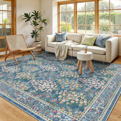 8x10 Area Rugs, Machine Washable Low Pile Floral Rugs for Living Room, Bedroom, Large Boho Area Rug with Non-Slip Backing for Dining Room(Beige Floral)